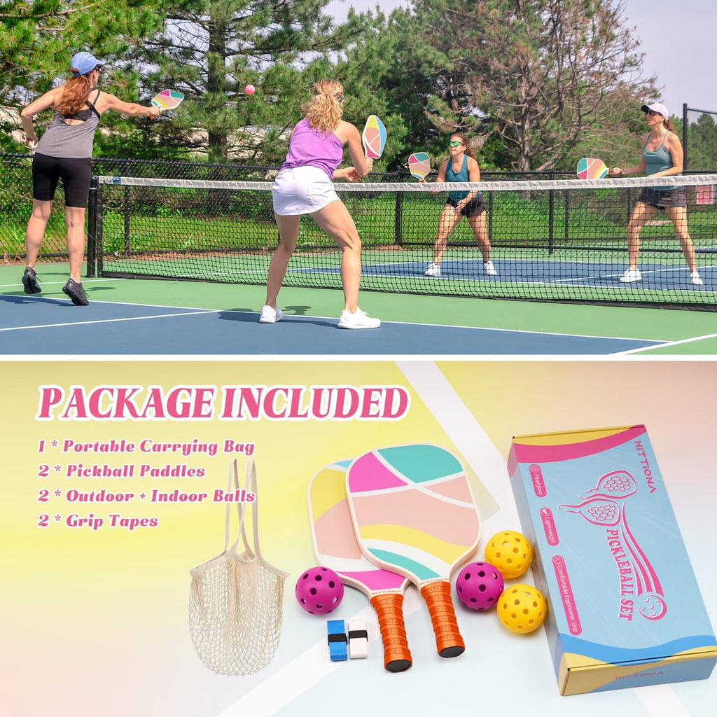 Pickleball Paddles Set of 2 - USAPA Approved Fiberglass Cute Pickleball Paddles Set for Women, Pink Pickleball Paddle with Anti-Slip Grip, 4 Pickleballs, Pickle Ball Paddle for Beginners