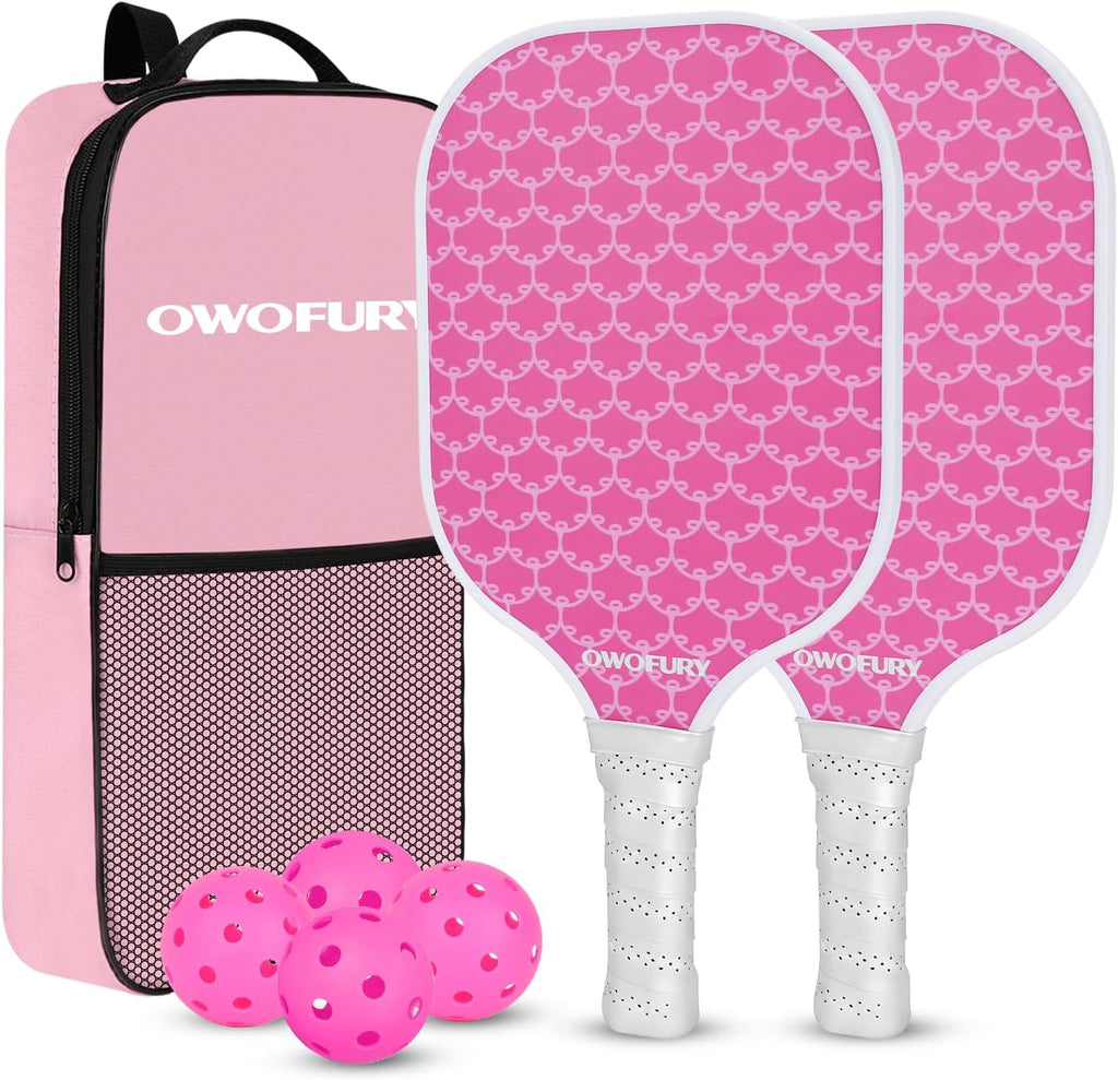 Fiberglass Pickleball Paddles Set of 2, Pickle Ball Racket Lightweight Honeycomb Core Control Paddle, with 4 Indoor Outdoor Balls and Bag for Men Women