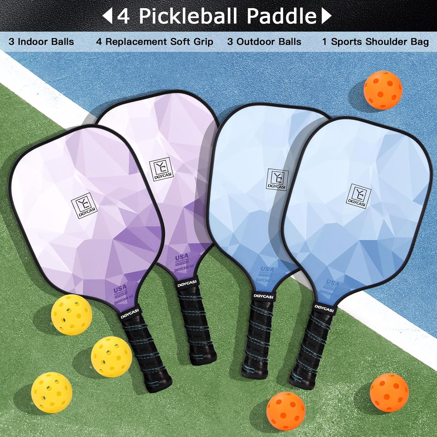 Pickleball Paddles Set of 4, USAPA Approved Pickleball Set, Fiberglass Pickle Ball Rackets, 3 Outdoor Pickleball, 3 Indoor Pickleball Balls, 4 Pickleball Overgrip, 1 Pickleball Bag