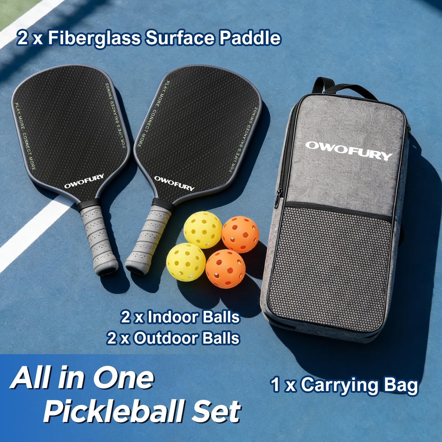Fiberglass Pickleball Paddles Set of 2, Pickle Ball Racket Lightweight Honeycomb Core Control Paddle, with 4 Indoor Outdoor Balls and Bag for Men Women