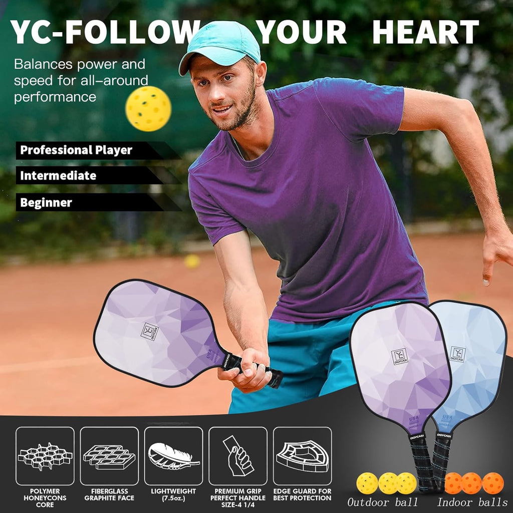 Pickleball Paddles Set of 4, USAPA Approved Pickleball Set, Fiberglass Pickle Ball Rackets, 3 Outdoor Pickleball, 3 Indoor Pickleball Balls, 4 Pickleball Overgrip, 1 Pickleball Bag