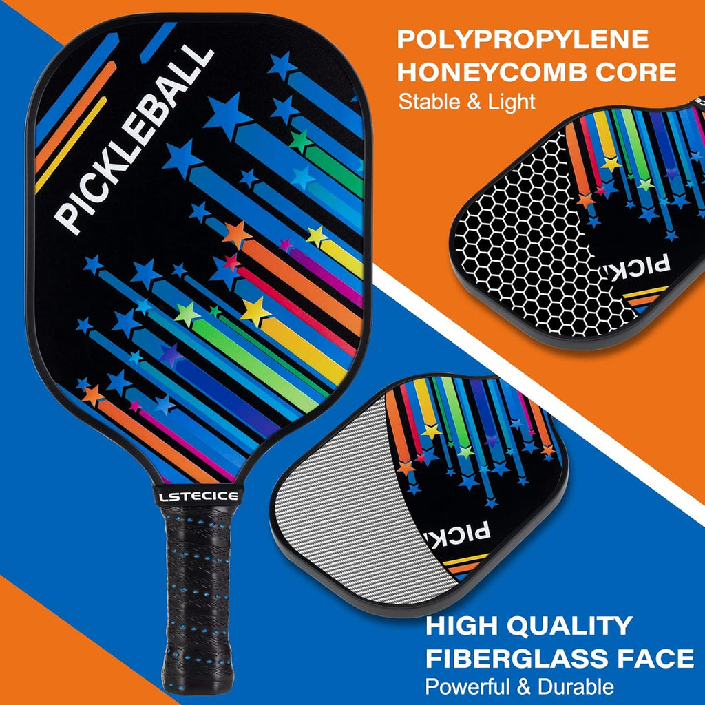 Pickleball Paddles Set of 4, Fiberglass Pickleball Paddles with Honeycomb Core, Lightweight Pickleball Set with Balls & Bag for Men, Women & Beginners