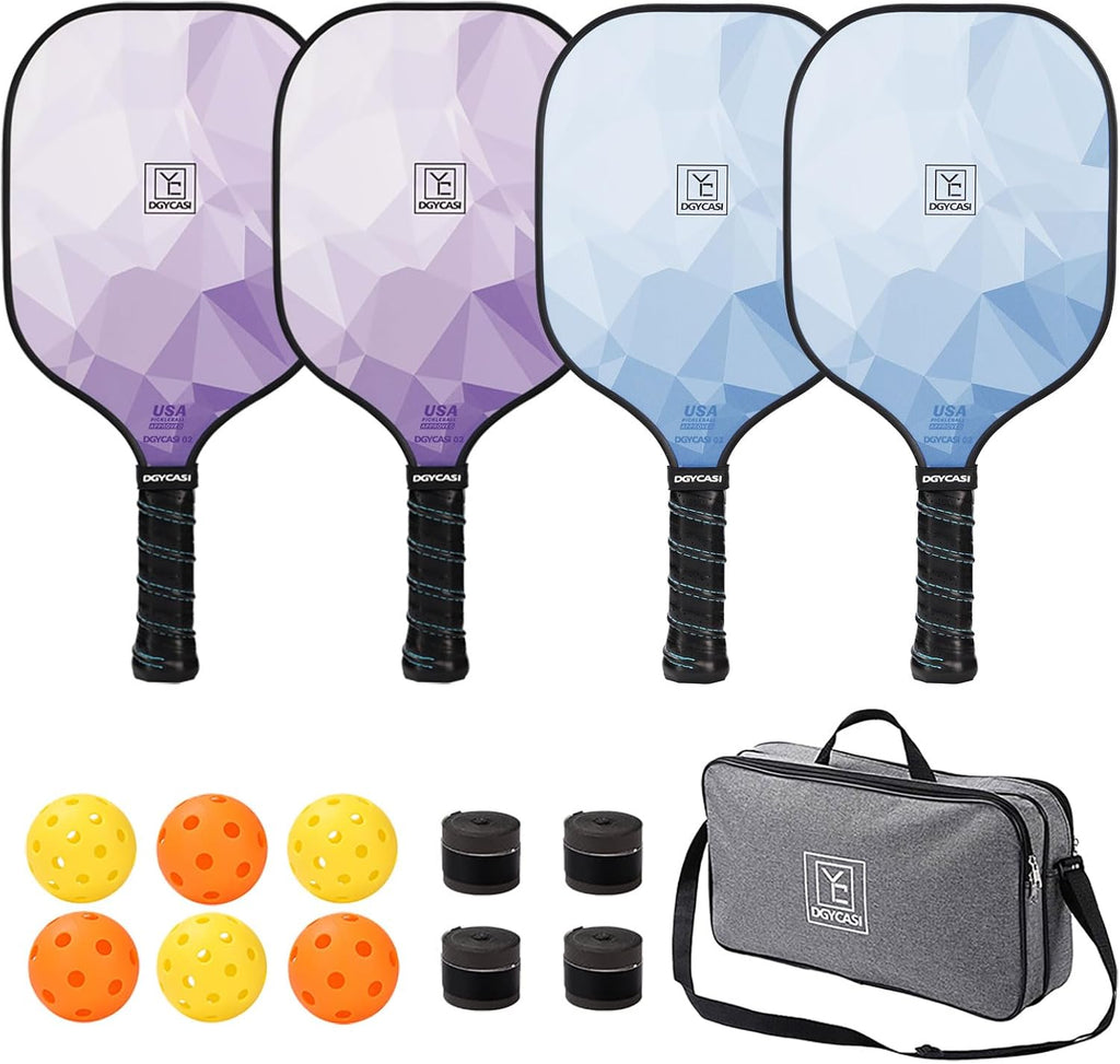 Pickleball Paddles Set of 4, USAPA Approved Pickleball Set, Fiberglass Pickle Ball Rackets, 3 Outdoor Pickleball, 3 Indoor Pickleball Balls, 4 Pickleball Overgrip, 1 Pickleball Bag