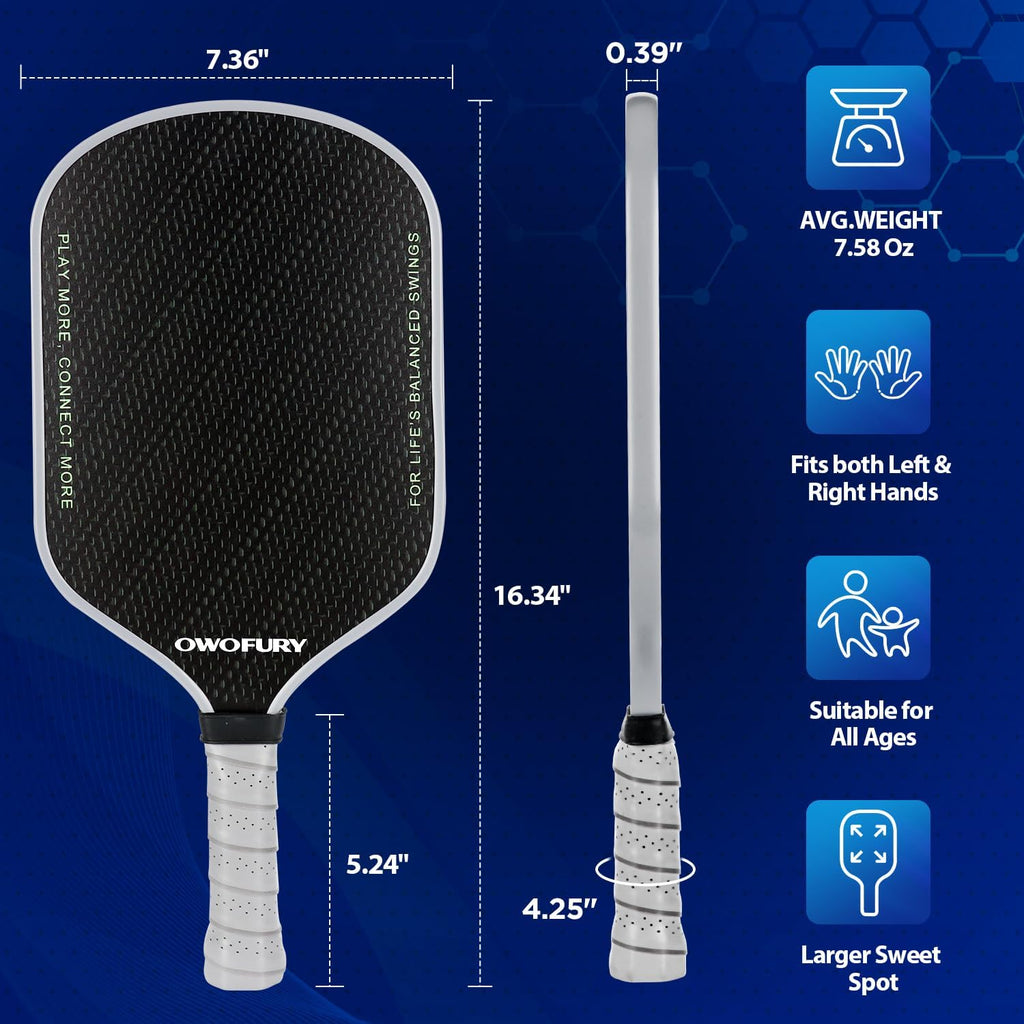 Fiberglass Pickleball Paddles Set of 2, Pickle Ball Racket Lightweight Honeycomb Core Control Paddle, with 4 Indoor Outdoor Balls and Bag for Men Women