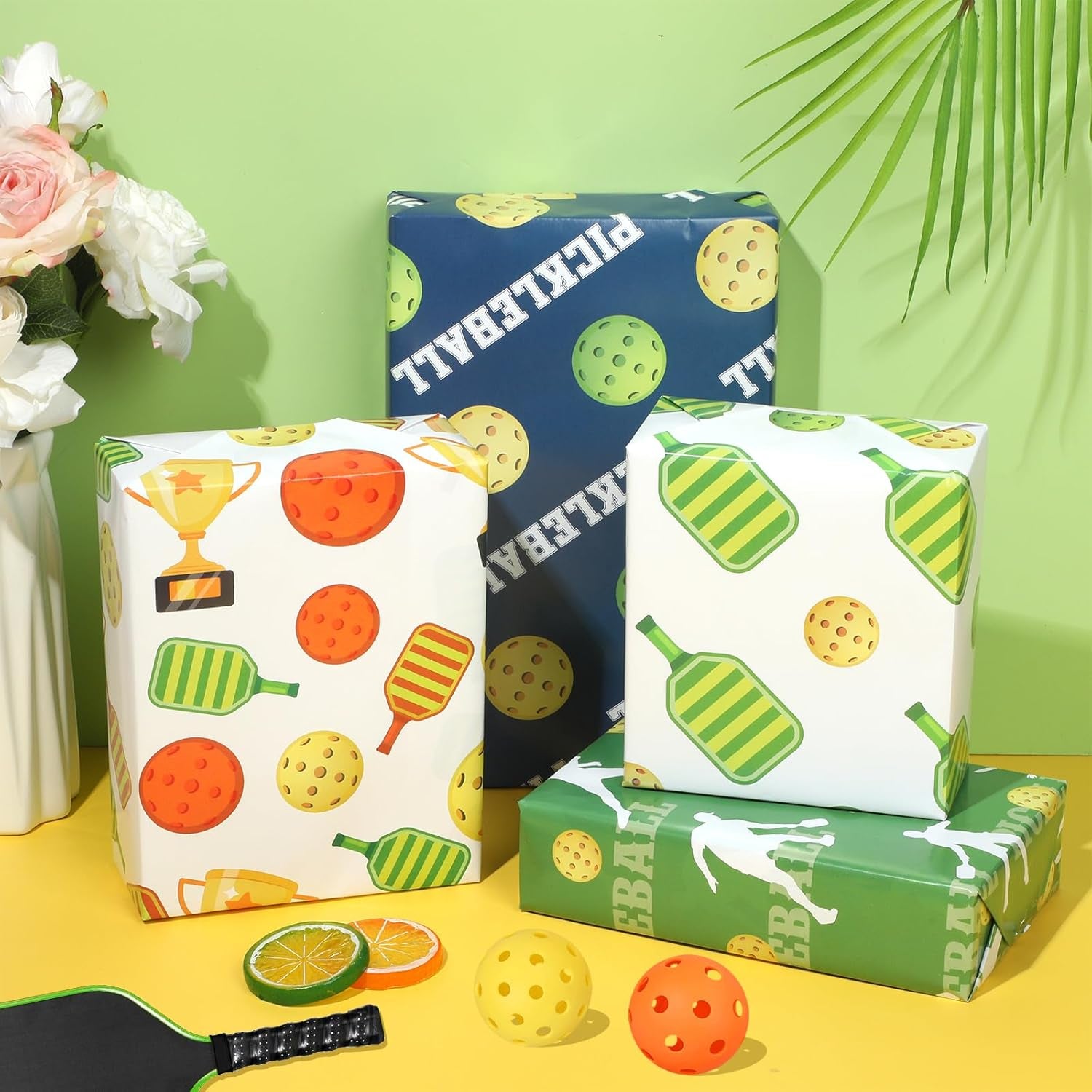 Pickleball Wrapping Paper 12 Sheets - Pickleball Gift Wrap - Sports Ball Gift Wrapping Paper - Pickleball Themed Gift Packing Paper for Pickleball Lovers, Pickleball Parties, 20"×28"