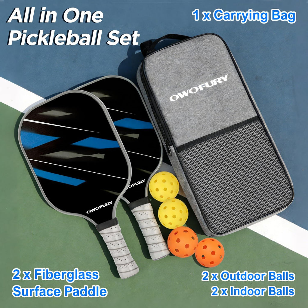 Fiberglass Pickleball Paddles Set of 2, Pickle Ball Racket Lightweight Honeycomb Core Control Paddle, with 4 Indoor Outdoor Balls and Bag for Men Women