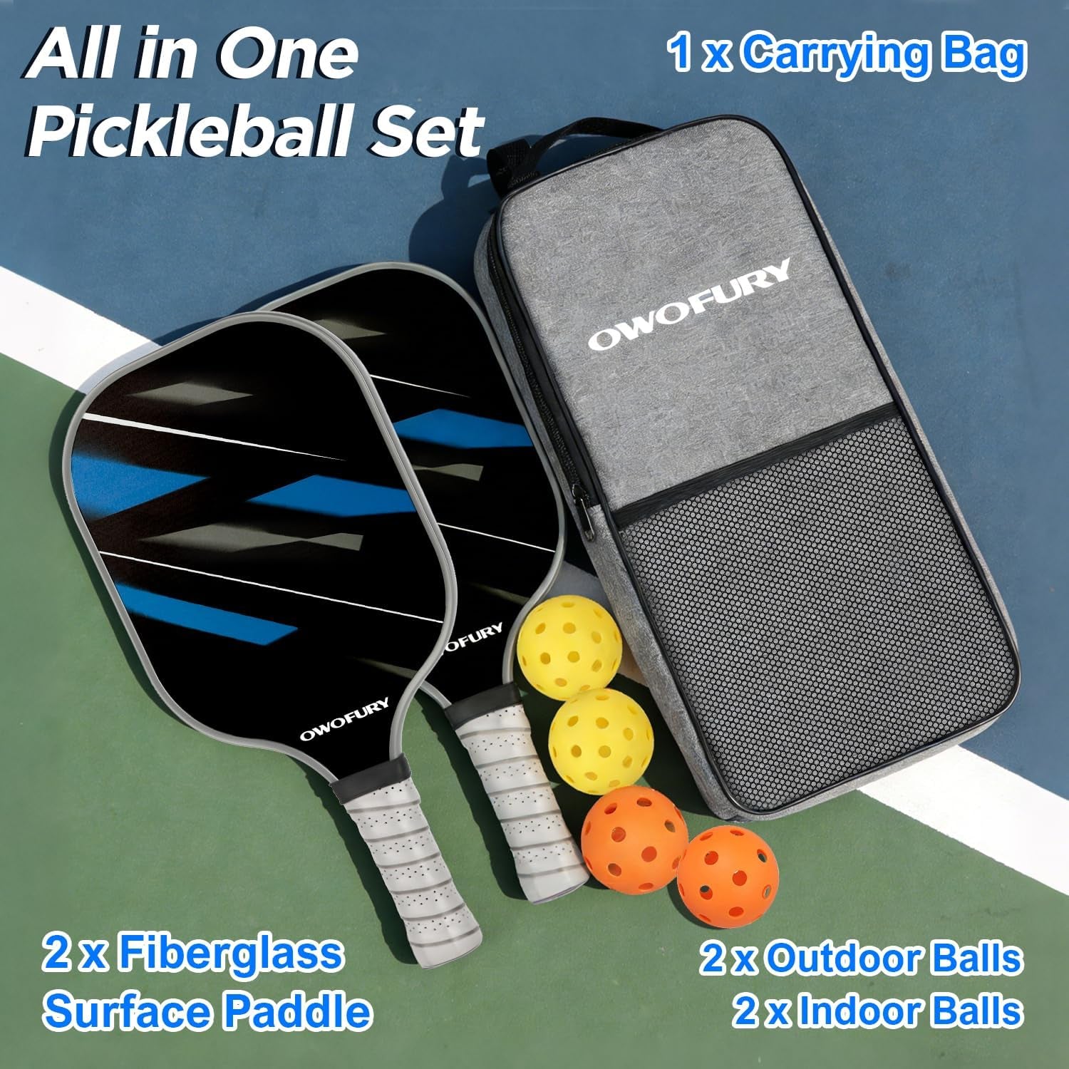Fiberglass Pickleball Paddles Set of 2, Pickle Ball Racket Lightweight Honeycomb Core Control Paddle, with 4 Indoor Outdoor Balls and Bag for Men Women