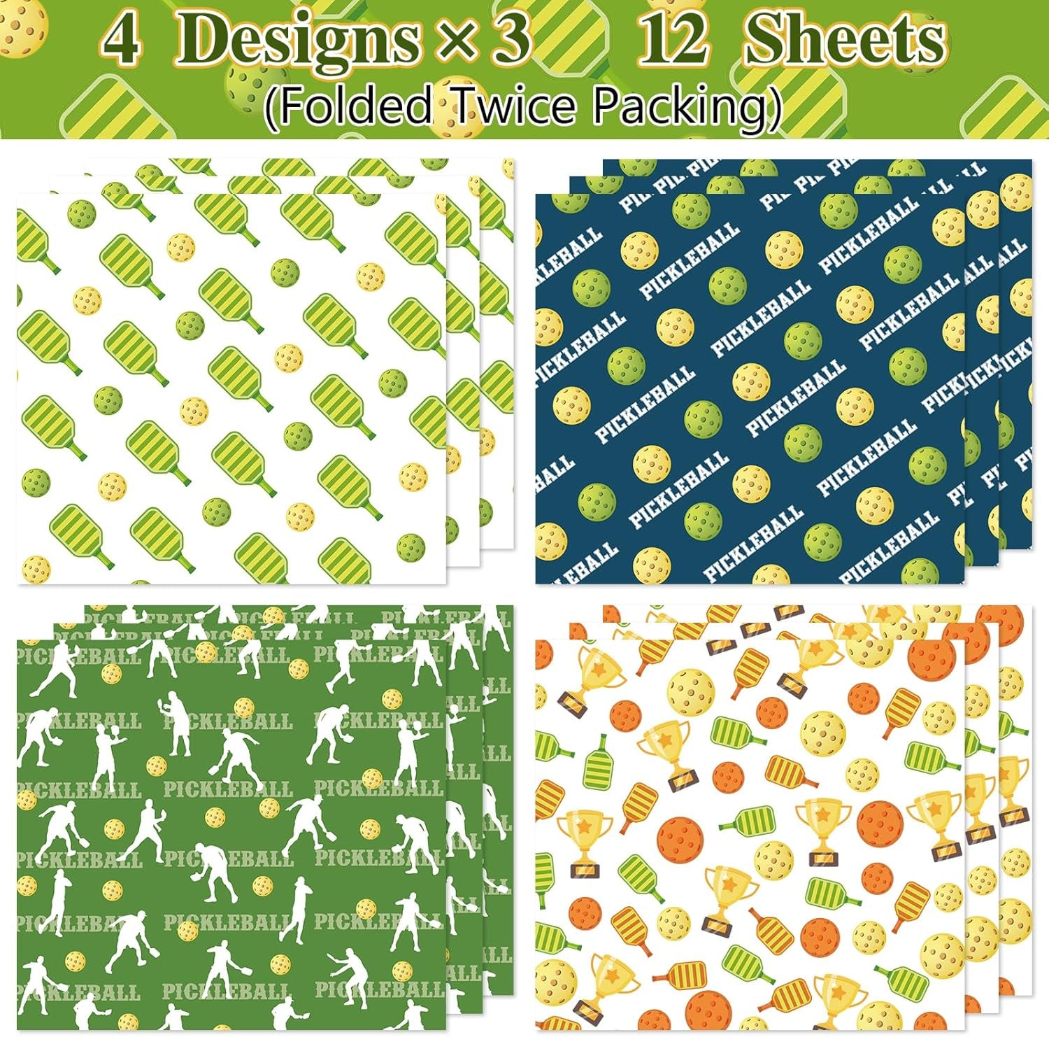 Pickleball Wrapping Paper 12 Sheets - Pickleball Gift Wrap - Sports Ball Gift Wrapping Paper - Pickleball Themed Gift Packing Paper for Pickleball Lovers, Pickleball Parties, 20"×28"