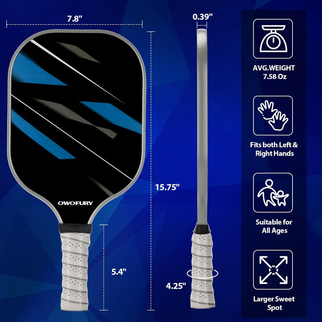 Fiberglass Pickleball Paddles Set of 2, Pickle Ball Racket Lightweight Honeycomb Core Control Paddle, with 4 Indoor Outdoor Balls and Bag for Men Women