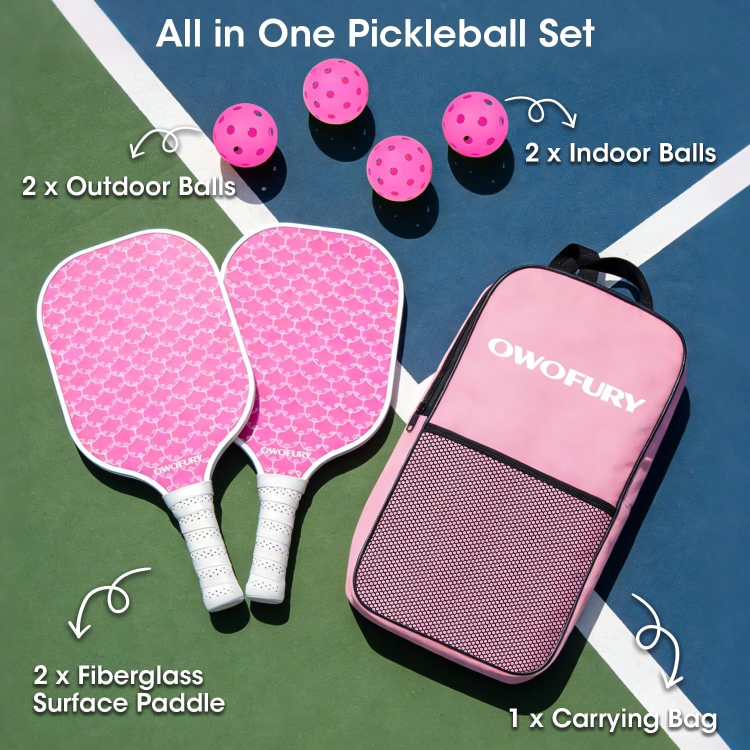 Fiberglass Pickleball Paddles Set of 2, Pickle Ball Racket Lightweight Honeycomb Core Control Paddle, with 4 Indoor Outdoor Balls and Bag for Men Women