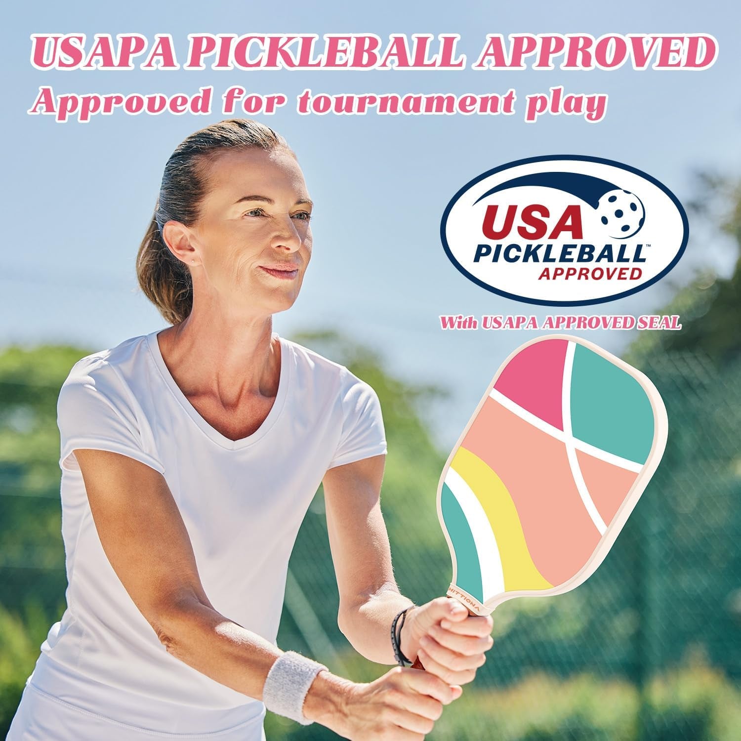 Pickleball Paddles Set of 2 - USAPA Approved Fiberglass Cute Pickleball Paddles Set for Women, Pink Pickleball Paddle with Anti-Slip Grip, 4 Pickleballs, Pickle Ball Paddle for Beginners